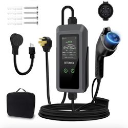 Portable Level 1&2 EV Charger, 40 A, 110V-240V, NEMA14-50 Plugand NEMA 5-15 Adapter, 25ft Cable, Adjustable Current, Delay Timer, Compatible with All 