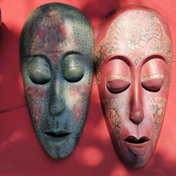 Pair of Large 21" Vintage Mexican Folk Art Carved Wood Masks - Guerrero Lizard & Jaguar 