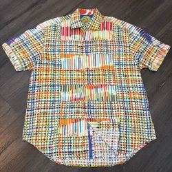 Robert Graham Abstract Shirt Rainbow Plaid Short Sleeve Button Up Men’s Sz 2XL