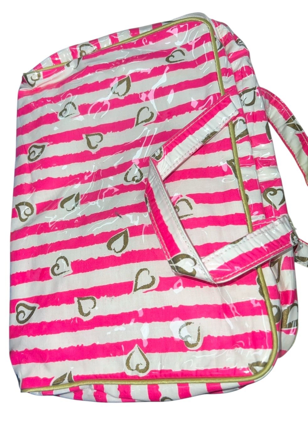 Stylish tote bag with pink and white stripes. Features a charming heart pattern. Perfect for everyday use.  Vintage Victoria’s Secret make up bag  Pin