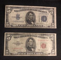 Blue 1934c $5 dollar silver certificate and 1953 red seal
