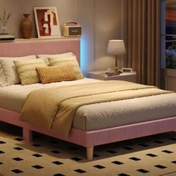 Bed Frame In Box, Full, LED, Remote, Storage, Motion Sensor, Wood, Velvet 