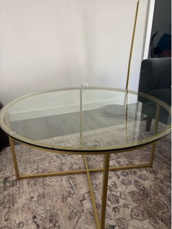 Round Glass Coffee Table — Gold Base, 35.5” Round