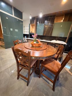 Solid Wood Rustic Round Dining Table & 4 X-Back Chairs