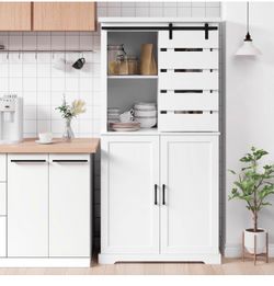 BOTLOG Tall Kitchen Pantry, Large Wood Storage Cabinet with Sliding Barn Door and Adjustable Shelves, Tall Freestanding Cupboard for Dining Room, Livi