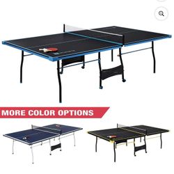 MD Sports Official Size Indoor Table Tennis Pong Table, 4 Piece Foldable Design with Net, Paddles & Balls – Blue/Black$100