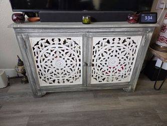 Boho Wood TV Stand Cabinet with Carved Doors