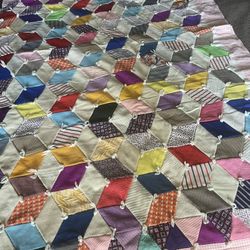 Vintage Handmade Necktie Quilt Tumbling Blocks Patchwork Hand Tied 82x75