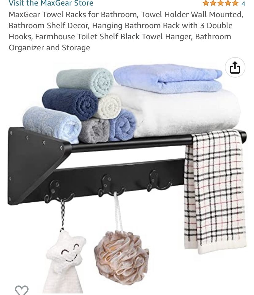 MaxGear Towel Racks for Bathroom, Towel Holder Wall Mounted, Bathroom Shelf Decor, Hanging Bathroom Rack with 3 Double Hooks, Farmhouse Toilet Shelf B