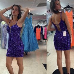 New With Tags Amarra Purple Sequin Short Formal Dress & Homecoming Dress 