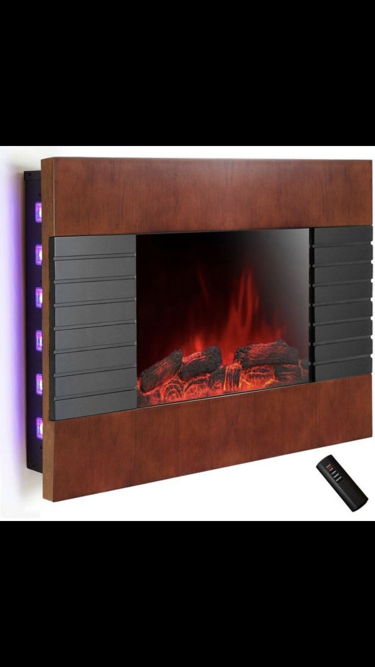AKDY 36 in. Wall Mount Electric Fireplace Heater in Wooden Brown with Tempered Glass, Pebbles, Logs and Remote Control