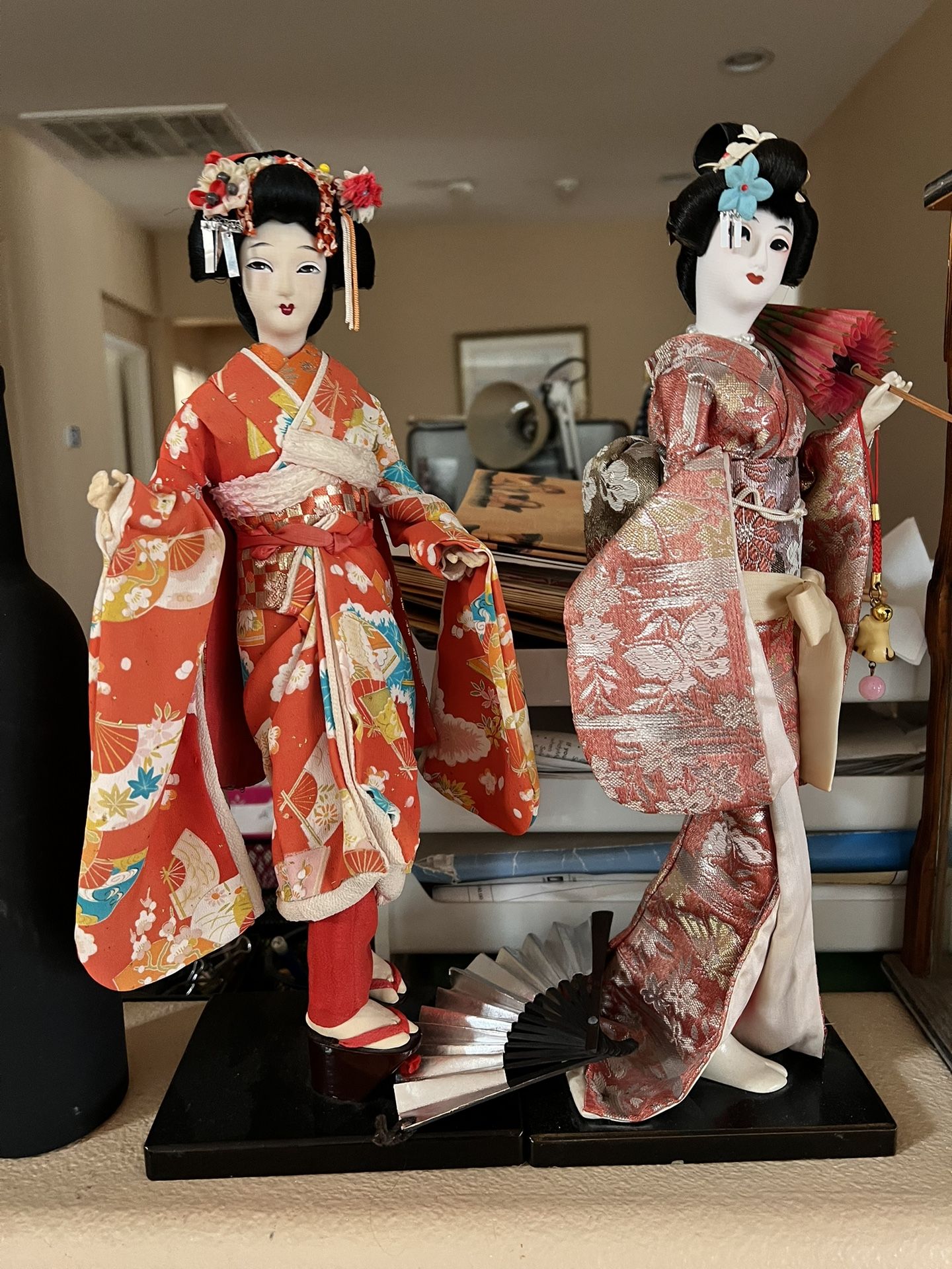 Vintage 1970’s Japanese Geisha Antique Dolls with Orange Kimonos