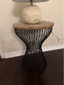 Black metal brown wood top side table night stand modern