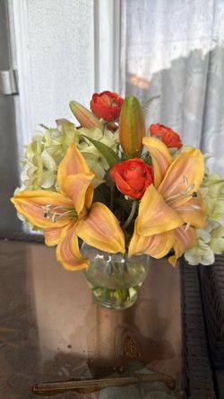 Silk Flower Arrangement in Glass Vase