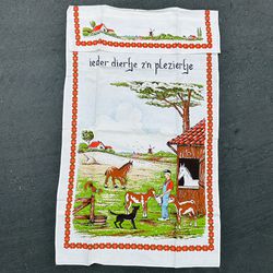 Vintage Dutch Wall Hanging Flag Printed Linen Fabric Tapestry Farm Barn Animals Textile 