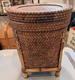 vintage handcrafted woven bamboo lidded storage basket