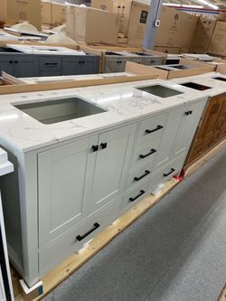 Bathroom vanity cabinet 72” solid mango Quartz top with sinks and backsplash