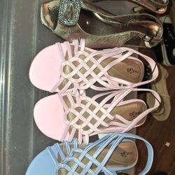New Women's Pink And Baby Blue Sandals, And 1 Silver Colored Low Heels Size 8.5