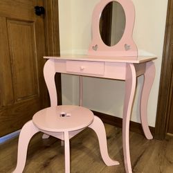 Girls Pink Heart Vanity Desk Makeup Table And Chair