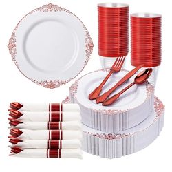 350PCS Red Plastic Plates - White Red Plastic Dinnerware Set for 50 Guests - 100 Red Disposable Plates, 50 Pre Rolled Cutlery Set, 50 Cups Perfect for