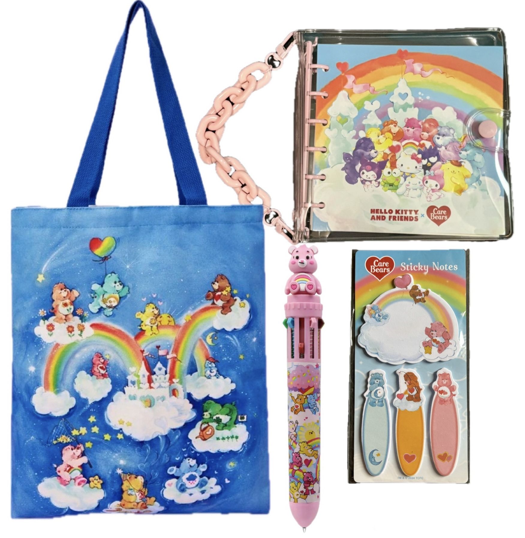 Care Bears Double Handle Tote Bag, Journal With Chain, Multicolored Pen & Sticky Notes Set