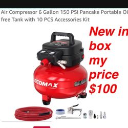 New  in box Air Compressor 6 Gallon 150 PSI Pancake Portable Oil-free Tank with 10 PCS Accessories Kit $100 firm cash only pick up east Palmdale