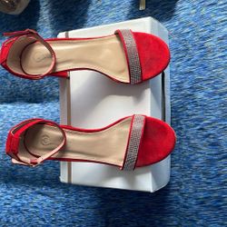 Red Heels with Rhinestone Toe Strap