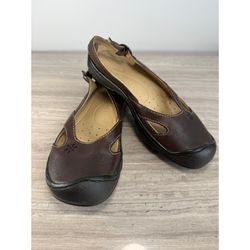 KEEN Cush Slingback Clogs Dark Brown Leather Floral Boho Women's 6 gorpcore Boho