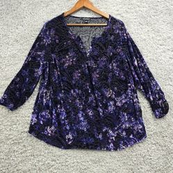 Roz &amp; Ali Women Velvet Burnout Blouse Size 2X Purple 3/4 Sleeve Whimsical Witchy
