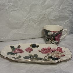 Burton & Burton floral dessert rectangle plate and tea cup set