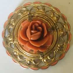 Antique Coral Sterling Carved Rose Hand Painted Trimmed Brooch Pin