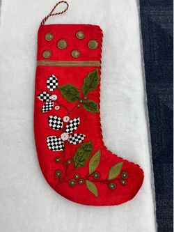 MacKenzie-Childs Velvet Christmas Stocking – Courtly Check Holly & Berry Holiday Décor – Large 20”