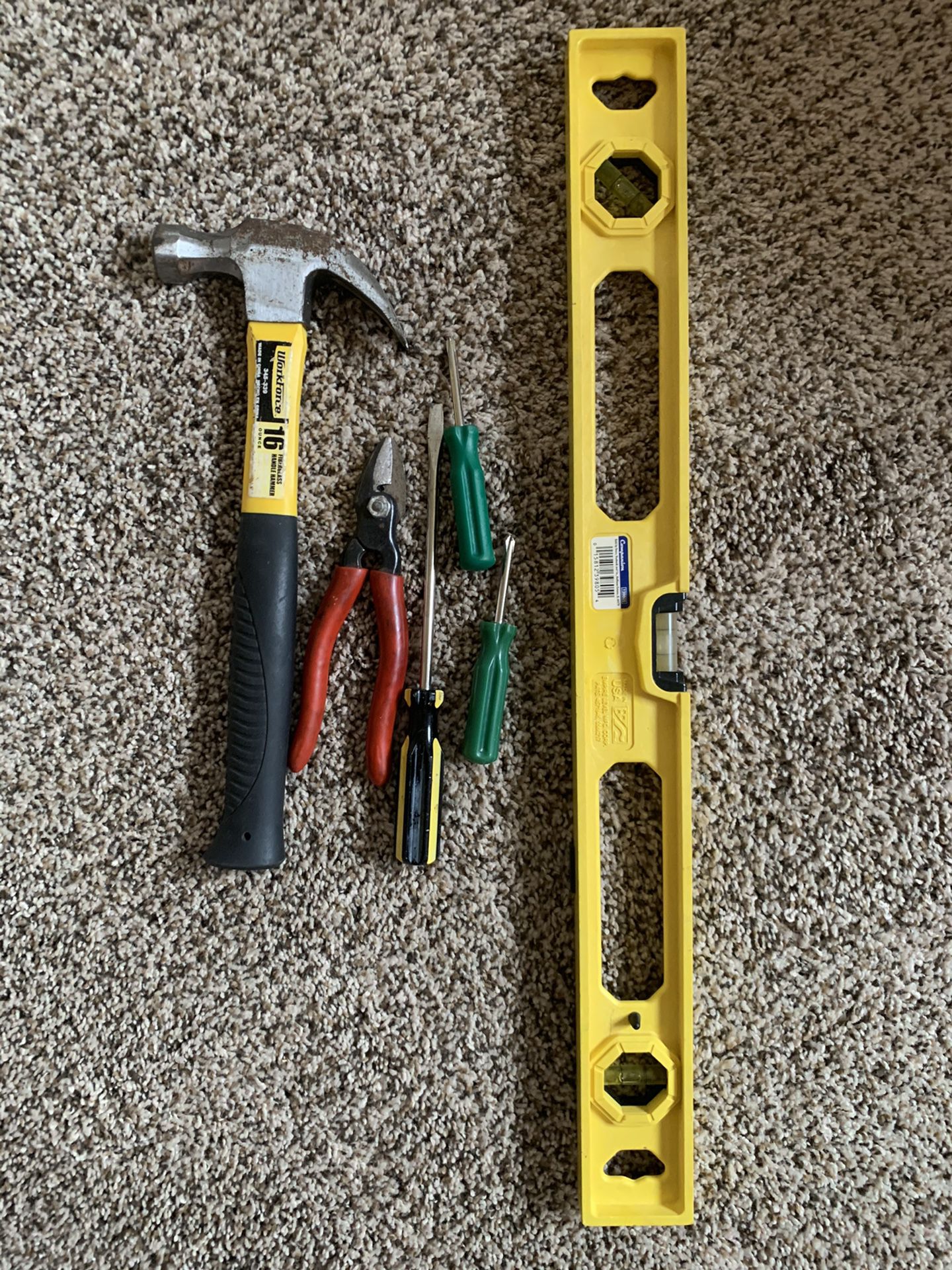 Hammer. Pliers, screwdrivers, level, extension cord (tools)