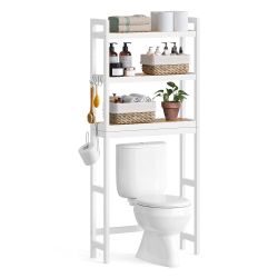 Over The Toilet Storage, 3-Tier Over Toilet Bathroom Organizer with Adjustable Shelf, 10.2 x 24.8 x 66.9 Inches, Space-Saving, Cloud White and Natural