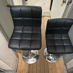 2 Black Leather Adjustable Bar Stools - Chrome Base, Swivel