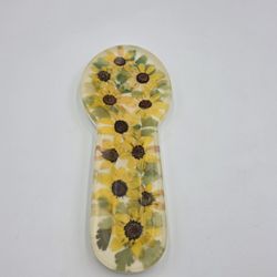 VTG Handmade Lucite Resin Acrylic Spoon Rest Dried SunFlowers Yellow White 8.25"