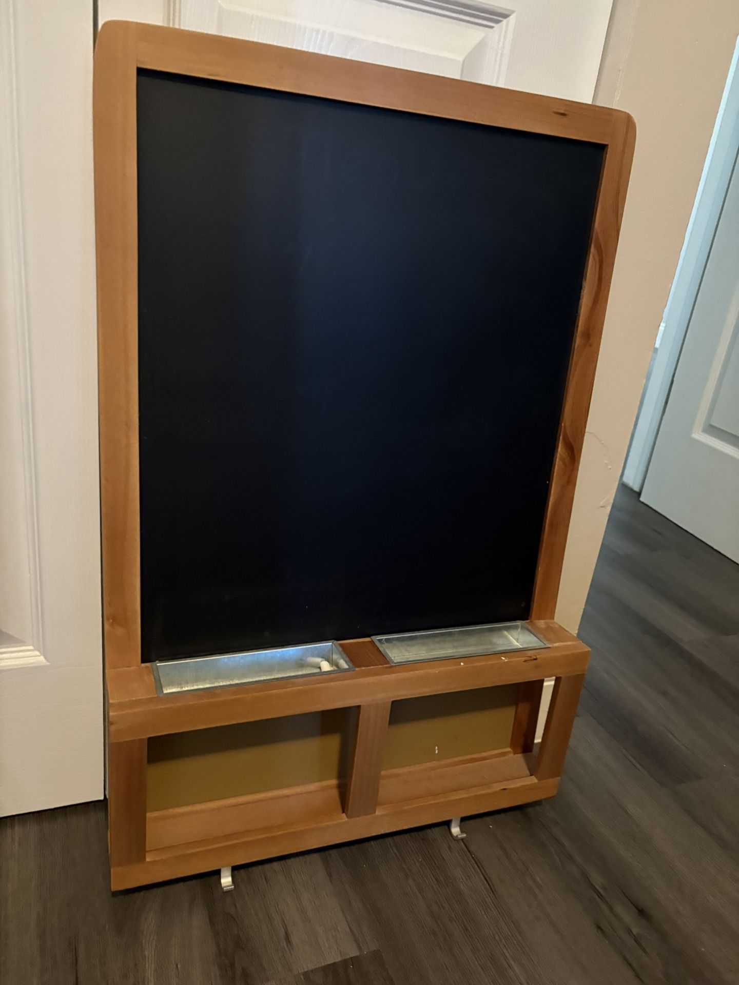 Hanging chalkboard message center with hooks