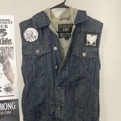 Denim Battle Vest With Hood And Patches