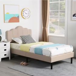 VECELO Platform Bed Frame, Beige Metal Frame Twin Size Platform Bed with Headboard Retail $169+tax