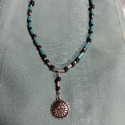HANDMADE SLEEPING BEAUTY CYLINDERS, MOJAVE TURQUOISE CHUNKS. STERLING BEADING,   RICH SHINY BLACK HEMATITE. IN A HANDMADE 26" STERLING NECKLACE