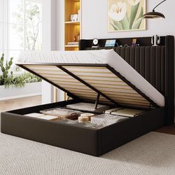 Queen Lift Up Storage Hydraulic Bed Frame,Charging Station,Black Storage Shelf Headboard with Charging Station,Type-C,USB Ports,Hydraulic Support,Velv