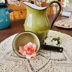 Antique Avocado Green Enamelware Pitcher And Pot-set