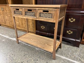 Distressed Oak 3 Rattan Drawer Console Table
