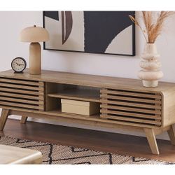 2007-Oak  Ensley TV Stand, Mid Century Modern TV Stand for 55/60/65 inch TV, Farmhouse TV Stand, Entertainment Center with Storage, TV and Media 