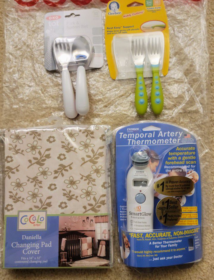Baby Toddler Thermometer, Changing Pad, Utensils  New
