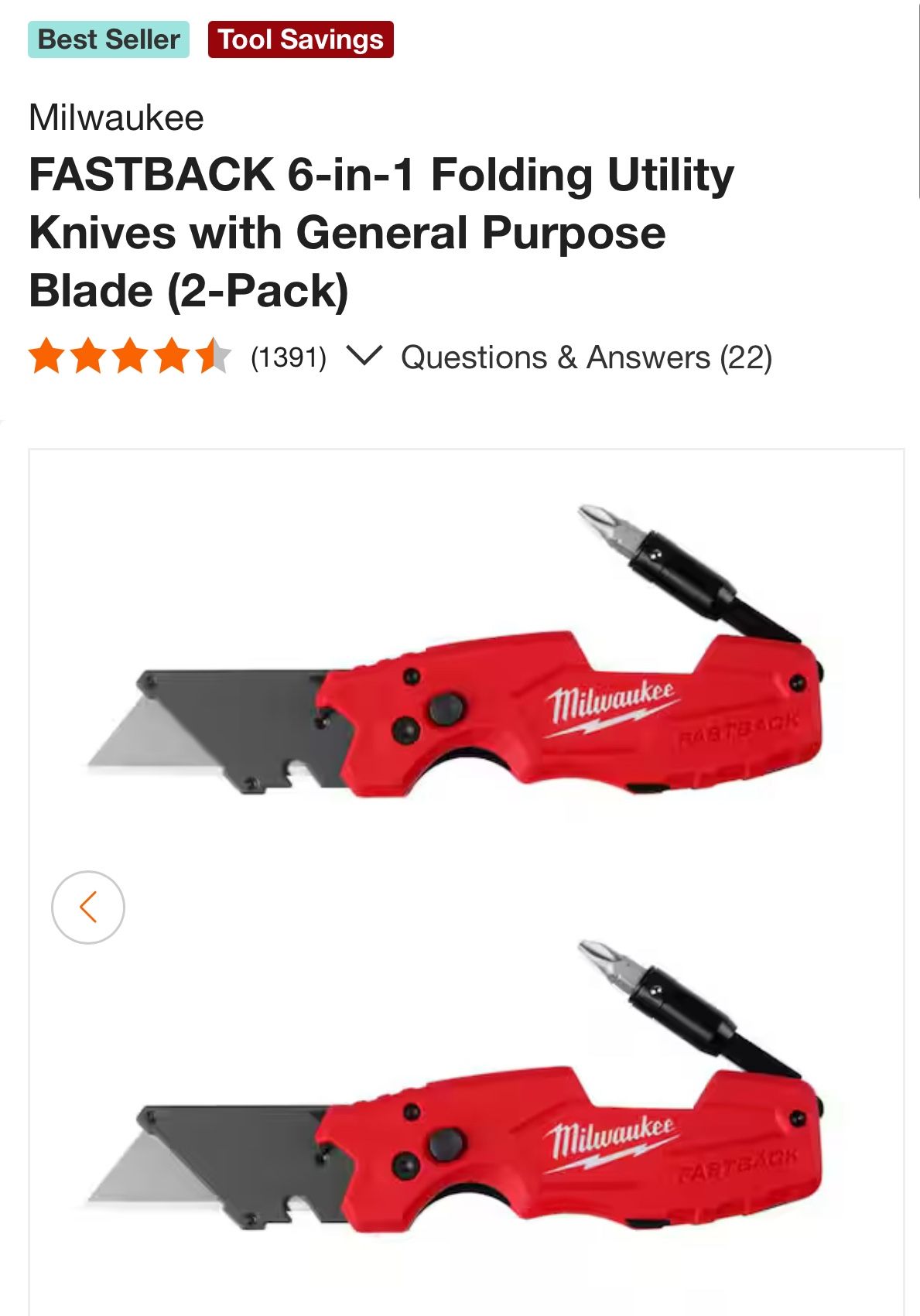 Milwaukee FASTBACK 6-in-1 Folding Utility with General Purpose Box Cutter(2-Pack)