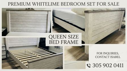 Queen Size Whitewash Wood Bed Frame