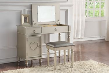Brand new gold, gray, black, white vanity with mirror and stool