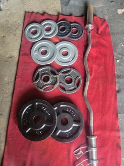 2" HOLE  OLYMPIC PLATES 80LBs. TOTAL. EZ-CURL BAR WITH SPRING CLIPS COLLARS 
2-25s.   4-5s.   4-2.5s 
11525 S HALSTED DUNKIN DONUTS/7111.S WESTERN WAL