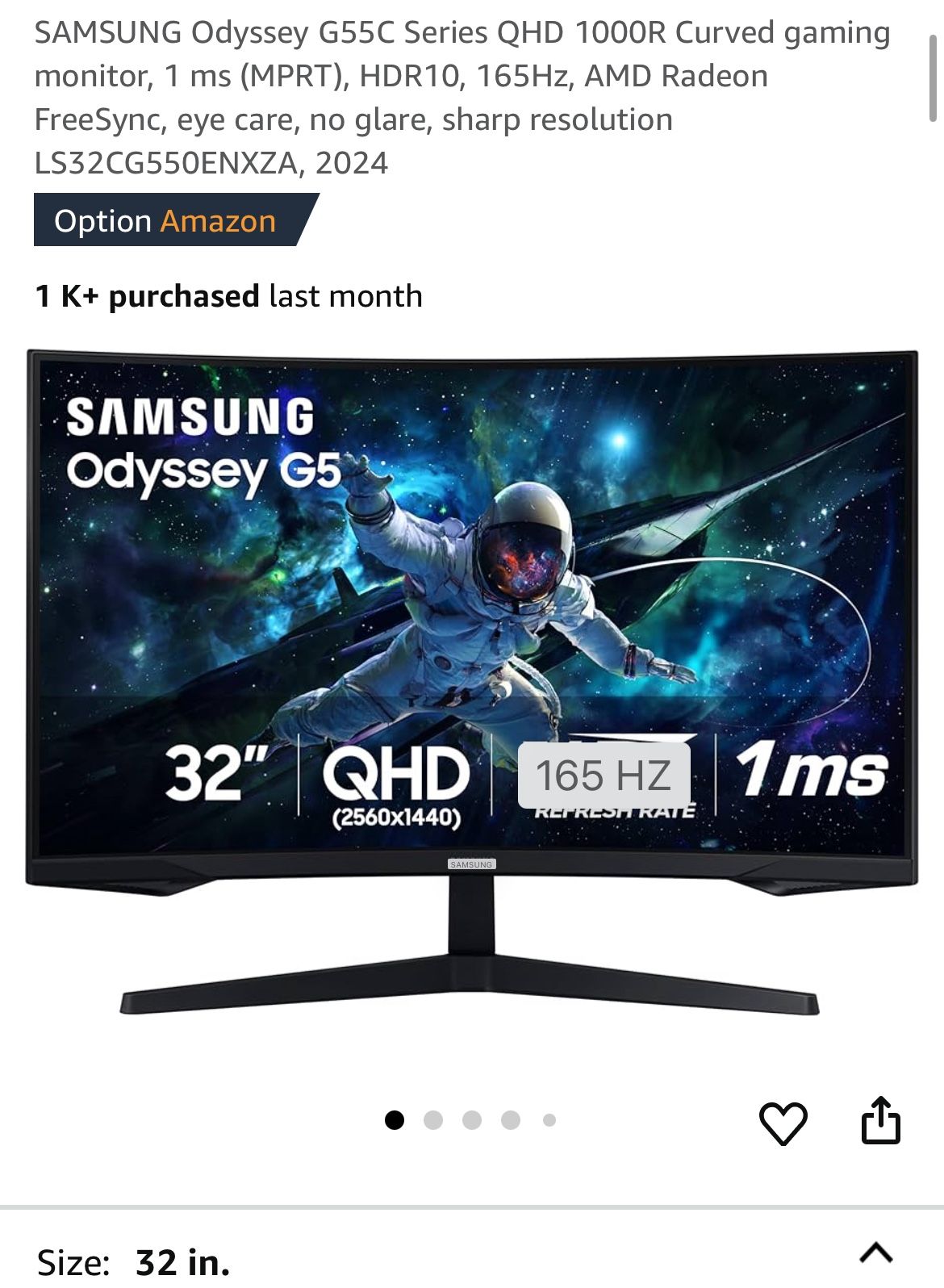SAMSUNG Odyssey G55C Series QHD 1000R Curved gaming monitor, 1 ms (MPRT), HDR10, 165Hz, AMD Radeon FreeSync, eye care, no glare, sharp resolution LS32